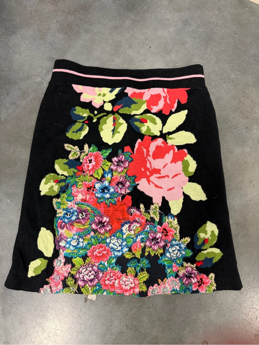 Anthropologie Black Mini Skirt with Pink & Multicolor Floral Embroidery